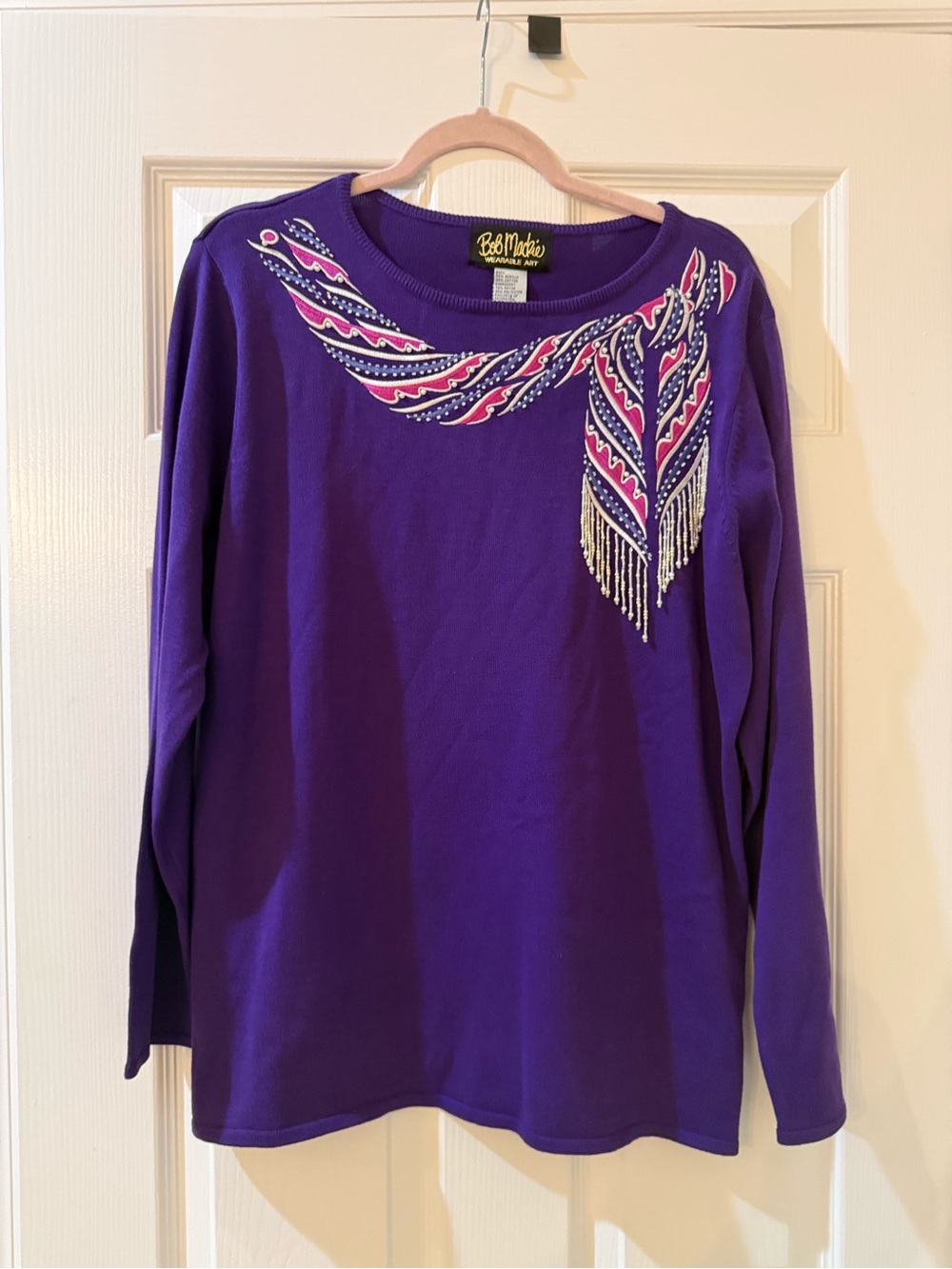 Bob Mackie Purple Crewneck Sweater w/ Pink, White & Navy Embellished Beaded Wrap